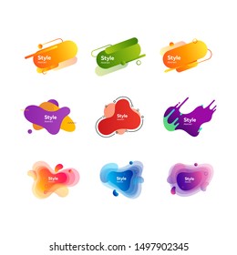 Set of modern trendy geometric elements. Dynamical colored forms and line. Gradient banners with flowing liquid shapes. Template for design of logo, flyer or presentation. Vector illustration