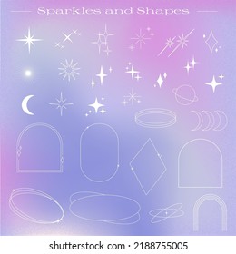 Set of modern trendy graphic design elements. Thin line shapes, flares and sparkles, space elements, on fluid light pink and purple gradient background.