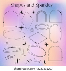Set of modern trendy graphic design elements. Thin line shapes, flares and sparkles, on  fluid light pink and purple gradient background.