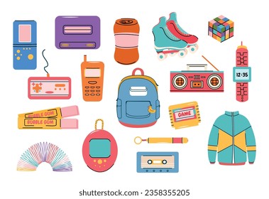 A set of modern and trendy items from the 90s. Stickers. patches. Retro hipster pictures. Mobile phone, chewing gum, games, consoles, watches, roller skates, tape recorder, cassettes, laser, pointer