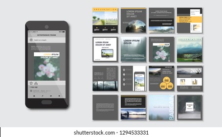 Set of Modern trendy magazine covers. Editable simple corporate posts, modern info banner. BLACK DARK VERSION. Slides for app, web design corporate style for social media pack. Square handpicked posts