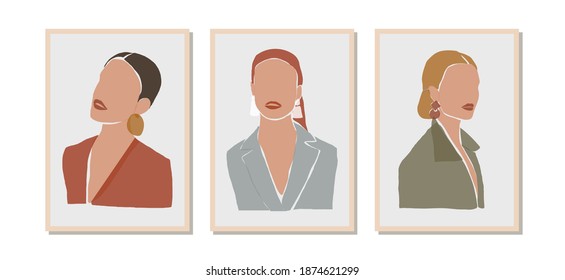 Retratos modernos de moda sobre fondo blanco. Caras femeninas con pendientes. Resumen de diseño pintado a mano para la decoración de paredes, impresión, cubierta, medios sociales, tarjeta, postal, banner. Ilustración vectorial.