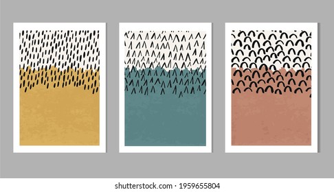 Set of modern trendy style abstract geometric posters with ink doodle hand drawn simple elements