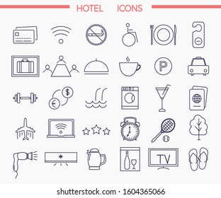 Set of modern trendy style thin line icons for illustrating hotel services and amenities, vector illustration