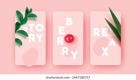 Set of modern trendy vertical posters in soft pink colors with green branches of palm leaves and red berries. Banner cover for social networks. vector illustration