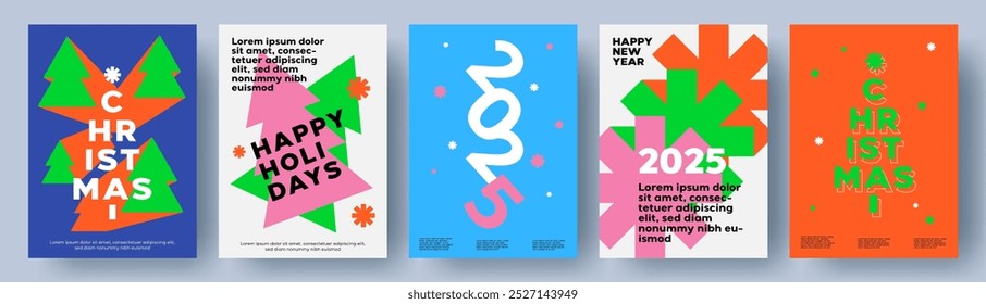 Set of modern trendy Xmas card, banner, cover, poster in bright open colors and geometric minimalist style with simple shapes of snowflakes, Christmas tree and number 2025 design. Happy New Year 2025