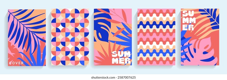 Set of modern tropical themed summer bright covers.Tropical leaves,jungle collection, simple geometric patterns.Template for design,print.Vertical banners, flyers for social media,web,ads,promo.Vector