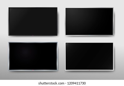 Set of Modern TV screen. Display wide tv. Digital realistic black screen. 4k, LCD or LED tv screen. Vector illustration. Isolated on white background.