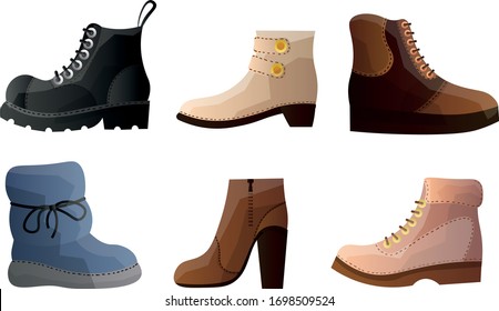 Set of modern types of stylish winter shoes in different shapes. Vector illustration in flat cartoon style.