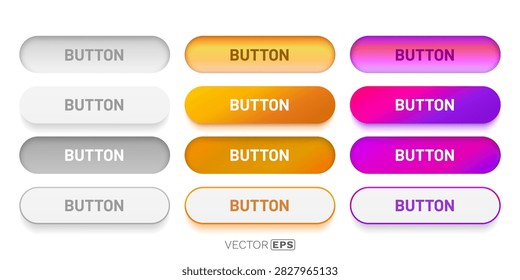 Set of modern UI buttons in various colors and states, including active, hover, and pressed. Vector illustration