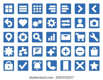 Set of modern UI icons related to internet, mobile apps and web design. In a flat design. Arrows, shopping cart, phone, star, envelope, back button and navigation elements.