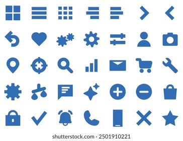 Set of modern UI icons related to internet, mobile apps and web design. In a flat design. Arrows, shopping cart, phone, star, envelope, back button and navigation elements.
