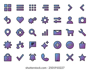 Set of modern UI icons related to internet, mobile apps and web design. In a flat design. Arrows, shopping cart, phone, star, envelope, back button and navigation elements.