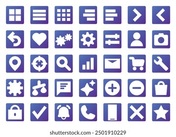 Set of modern UI icons related to internet, mobile apps and web design. In a flat design. Arrows, shopping cart, phone, star, envelope, back button and navigation elements.