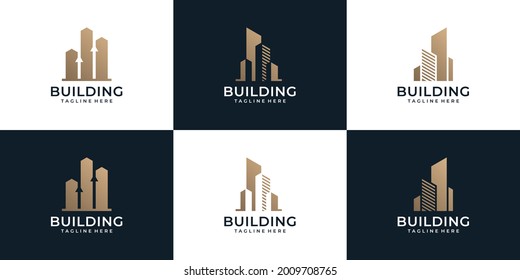 Conjunto de inspiración única y moderna del logotipo del edificio inmobiliario. El logotipo se puede utilizar para iconos, marca, identidad, símbolo, monograma, arquitectura, construcción, creación y propiedad