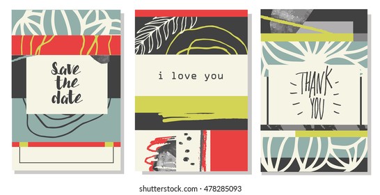 Set of modern universal cards. Template for your design. Vector. Isolated. Hand Drawn textures. Design for wedding, birthday, valentine's day, party. For posters, invitation, brochure, flyer.