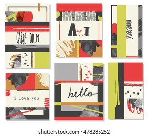 Set of modern universal cards. Template for your design. Vector. Isolated. Hand Drawn textures. Design for wedding, birthday, valentine's day, party. For posters, invitation, brochure, flyer.