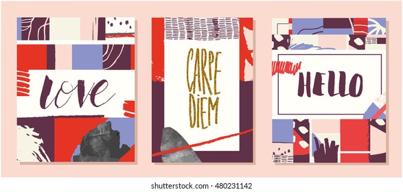 Set of modern universal cards. Template for your design. Vector. Isolated. Hand Drawn textures. Design for wedding, birthday, valentine's day, party. For posters, invitation, brochure, flyer.
