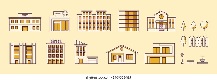 Set of modern urban buildings. Modern architecture, buildings, skyscrapers, hotels, pharmacy, police station, school, houses. Flat vector illustration. 3d style.