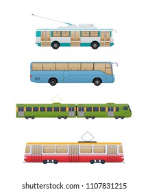 Set of modern urban route transport. Trolleybus, shuttle bus, railway train, tram. Vehicles, social, for the public, vehicles on the road. Side view city transport. Vector illustration isolated.