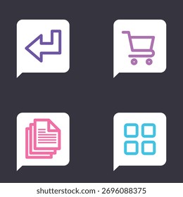 Set of modern user interface icons including arrow, shopping cart, documents, and grid menu for website design