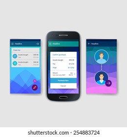 Set of modern user interface (ux, ui) screen template for mobile smart phone or web site. Transparent blurred material design ui with icons.