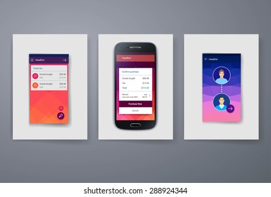 Set of modern user interface (ux, ui) screen template for mobile smart phone or web site. Transparent blurred material design ui with icons.