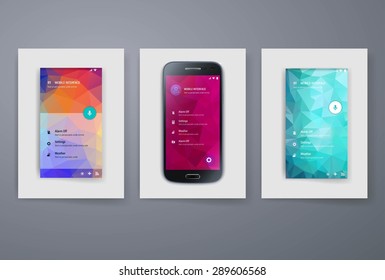 Set of modern user interface (ux, ui) screen template for mobile smart phone or web site. Transparent blurred material design ui with icons.