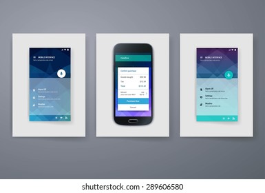 Set of modern user interface (ux, ui) screen template for mobile smart phone or web site. Transparent blurred material design ui with icons.