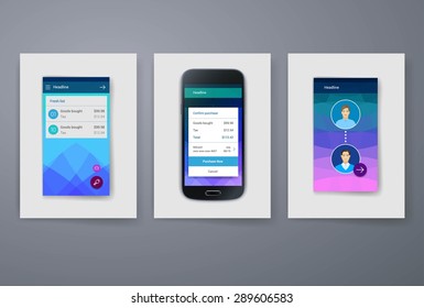 Set of modern user interface (ux, ui) screen template for mobile smart phone or web site. Transparent blurred material design ui with icons.