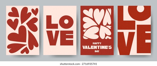 Set of modern Valentine posters with bold heart shapes and large LOVE typography in warm tones. Perfect for prints, cards, decor, and romantic graphic layouts