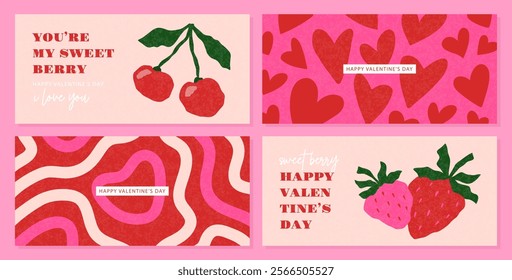 Set of modern Valentine's Day cards with hearts, cherries and strawberries. Trendy collection of cards for cover design, web banners, greeting cards, labels and more.