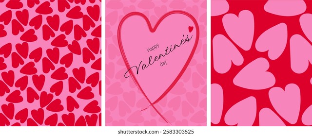 Set of modern valentine's day cards and seamless pattern illustration. Cute romantic pink and red love heart background print collection. Valentines backdrop or template