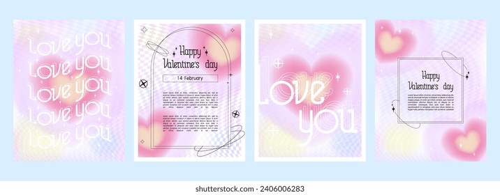 Set of modern Valentine's Day poster cards in the style of the early 2000s. Template for party invitation, greeting card, cyber banner for lovers