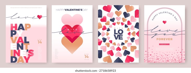 Conjunto de modernos diseños de carteles de San Valentín con corazones y tipografía. Ilustración vectorial de tarjetas de felicitación románticas o Plantillas de Anuncios para el 14 de febrero.