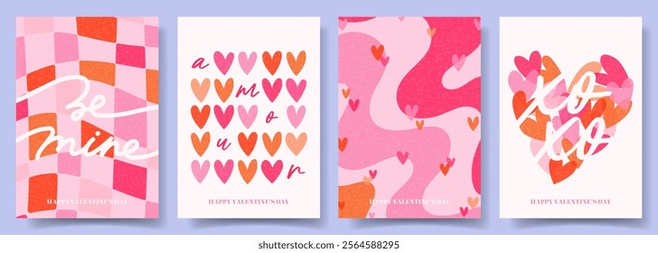 Set of modern Valentine's Day posters. Concept vector cards with typography design, abstract patterns, colorful hearts for Valentine's Day party, banner, ads, cover, branding, social media.