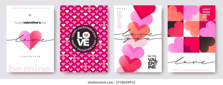 Conjunto de pósters modernos del día de San Valentín. Ilustración vectorial con corazones, Gradientes, Formas geométricas y tipografía. Fondos de amor rosa de moda para tarjetas de felicitación, Anuncios y volantes.