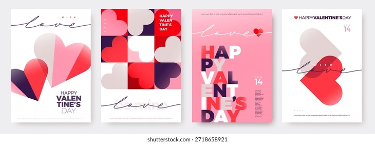 Conjunto de pósters modernos del día de San Valentín. Fondos abstractos de Vector con corazones geométricos y tipografía. Plantillas de diseño de tarjetas de amor de moda en colores rojo, rosa y violeta.