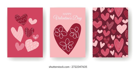 Conjunto de pósters modernos del día de San Valentín. Tarjeta con corazones, patrón y texto. Plantilla romántica para póster, portada, folleto o volante. Gráficos de Vector