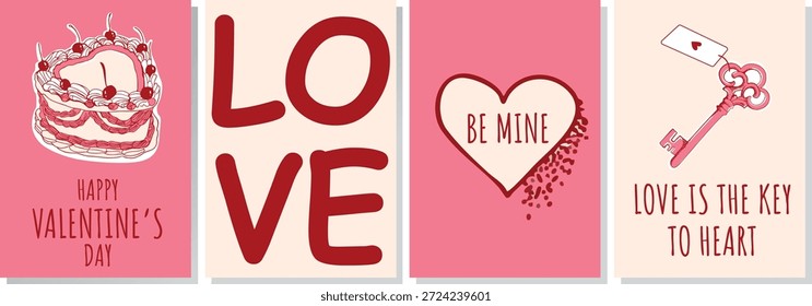 Conjunto de pósters modernos del día de San Valentín. Concepto tarjetas de Vector con diseño de tipografía, patrones abstractos, corazones de colores para la fiesta de San Valentín, Anuncio, anuncios, portada, marca, redes sociales.