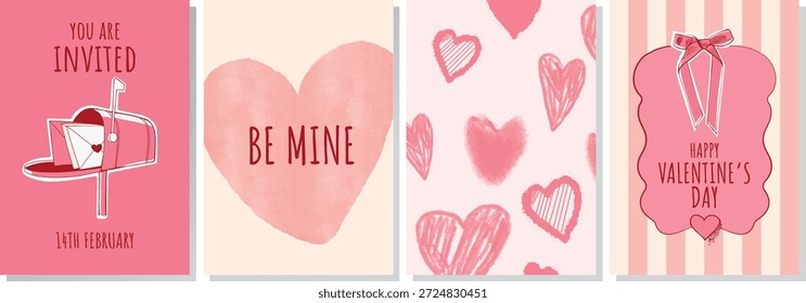 Conjunto de pósters modernos del día de San Valentín. Concepto tarjetas de Vector con diseño de tipografía, patrones abstractos, corazones de colores para la fiesta de San Valentín, Anuncio, anuncios, portada, marca, redes sociales.