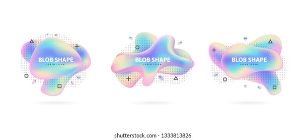 Set Of Modern Vector Abstract Liquid Blob Shapes. Geometric Fluid Holographic Organic Shapes. Modern Vector Template For Presentation And Flyer Design.