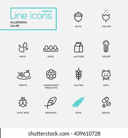 Set of modern vector Allergens plain simple thin line design icons and pictograms: nuts, pollen, seafood, mold, lactose, eggs, celery, fruits, honeycraft products, pets, gluten, dust mite, soya, drugs