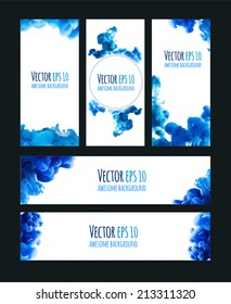 Set of modern vector banners with abstract ink cloud. Ink in water isolated on white. Vertical and horizontal, banners.