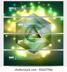 Set of modern vector banners. Abstract multicolored background with bokeh lights and stars. Scientific digital design, science illustration.