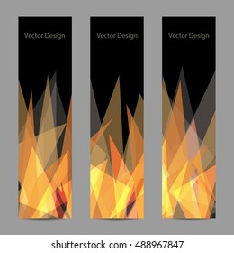 A set of modern vector banners with abstract triangular flame on black background.