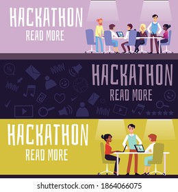 Set of modern vector banners with concept of collaboration specialists from all over the world. Hackathon team of programmers, project developers, graphic designers work together
