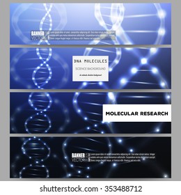 Set of modern vector banners. DNA molecule structure on dark blue background. Science vector background.