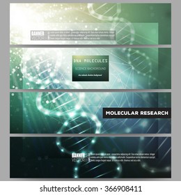 Set of modern vector banners. DNA molecule structure on dark green background. Science vector background.