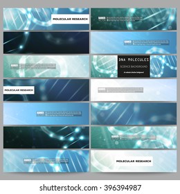Set of modern vector banners. DNA molecule structure on a blue background. 